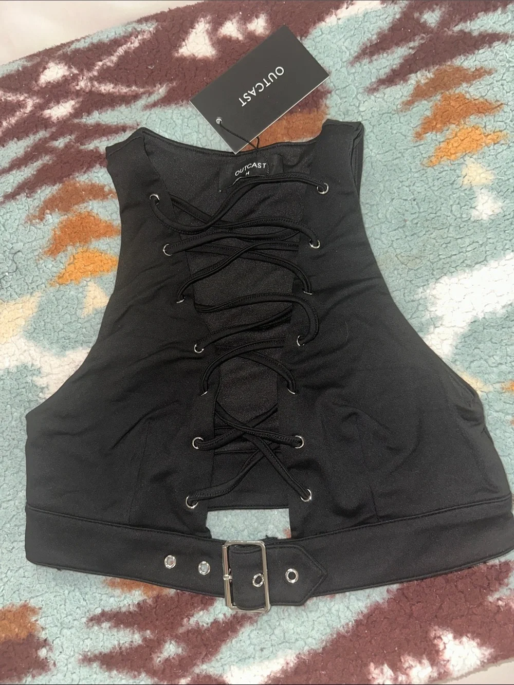 OUTCAST NEW WITH TAGS SIZE MEDIUM BRAX CROP Black Lace-Up Crop Top - Picture 4 of 8